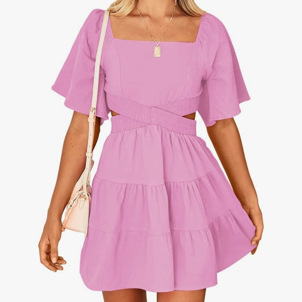 LEANI Square Neck Cut Out Summer Dress Short Sleeve Crossover Waist Casual Dress